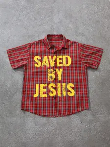 Men's Jesus Letter Print Short Sleeve Plaid Shirt, Casual Fitted Style, Trendy Fashion, Streetwear, All Seasons