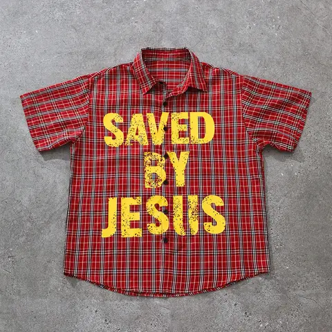 Men's Jesus Letter Print Short Sleeve Checked Plaid Shirt, Casual Collared Shirt, Casual Checkered Shirt, Casual Fitted Style, Classic, Trendy Fashion, Trendy Plaid Design, Streetwear, All Seasons