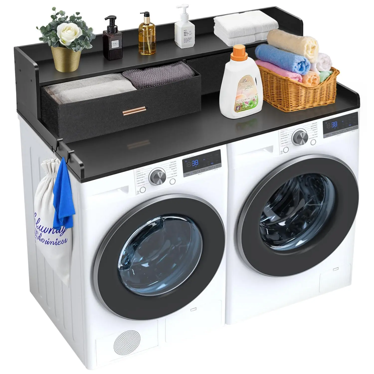 【SummerFinds】VEVOR 2 Drawers Washer Dryer Countertop with 2-Tier Shelf,  , 54" x 27" Wooden Washer and Dryer Countertop with Non-Slip Pads, Water-Resistant Laundry Topper for Laundry Room Organization, Black, Washing Machine Dryer, Washer Dryer Set