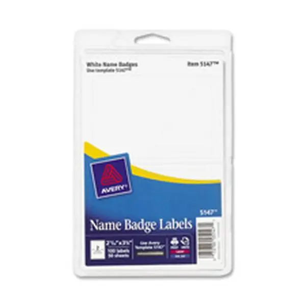 Avery AVE5147 Self-Adhesive Plain Name Badge - Laser/Inkjet Compatible, Handwritten Ok - 2 per Sheet, 1.332 in. x 3.38 in. - 100-PK, White