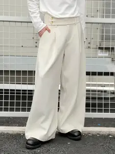 Men's Street Style Loose Fit Wide Leg Pants, Pleated Double Button Design, Casual Long Trousers for Daily Wear, Music Festivals, Parties