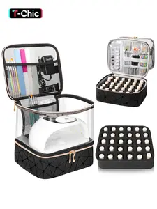 Clear Nail Polish Organizer Holds 30 Bottles (15ml/0.5fl.oz)& Nail Lamp, Double Layer Nail Supplies Organizer Case Transplant, PU Leather Vanity Bag Organizer Nail kit Storage Bag for Manicure Tools