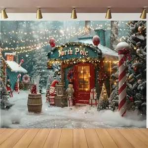 1pc 2D Flat North Pole Christmas Village Polyester Backdrop - Festive Banner & Decoration with Candy Cane, Christmas Tree, Gift Boxes, Street Lamp, Ornaments for Holiday Party, Birthday Portrait Decor (No Feathers)