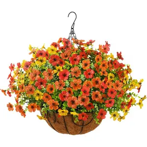 Autumn Hues Hanging Flowers Basket with Faux Daisies, UV Resistant Fall Outdoor Decor for Porch & Patio in Red, Orange and Yellow