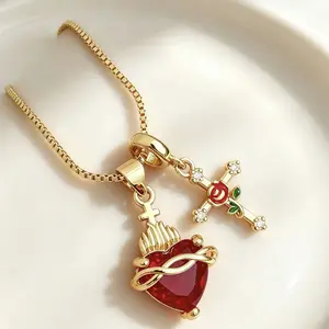 Viral Sacred Heart & Cross Necklace - Gold Plated Red Heart Charm with Rose Cross Pendant, Trendy Aesthetic Religious Jewelry, Layerable Box Chain Necklace for Her,Perfect Gift for Birthday/Valentine’s Day