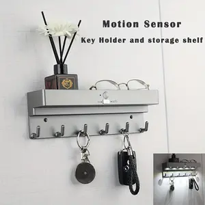 1 Pack Smart Wall Mount Key Holder with Motion Sensor LED Night Light, Home Shelves & Entryway Organizer with Tray, 6 Heavy-Duty Hooks, Multi-Functional Mail Storage Box, Auto Lights for Dark Fumbling Prevention, Stylish Home Decor for Entrance