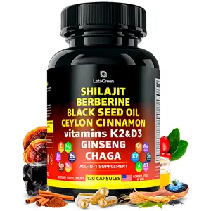 LetaGreen Pure Himalayan Shilajit Capsules 10,000mg with Black Seed Oil 1000mg Berberine Cinnamon Ginseng Chaga (120 Count) - Energybooster Himalaya for Men & Women Dietary Edible Supplement seamoss metabolism booster Healthcare Fitness