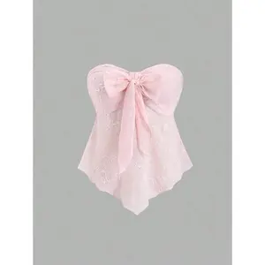 Textured Fabric Knot Front Strapless Top Y2K Outfit