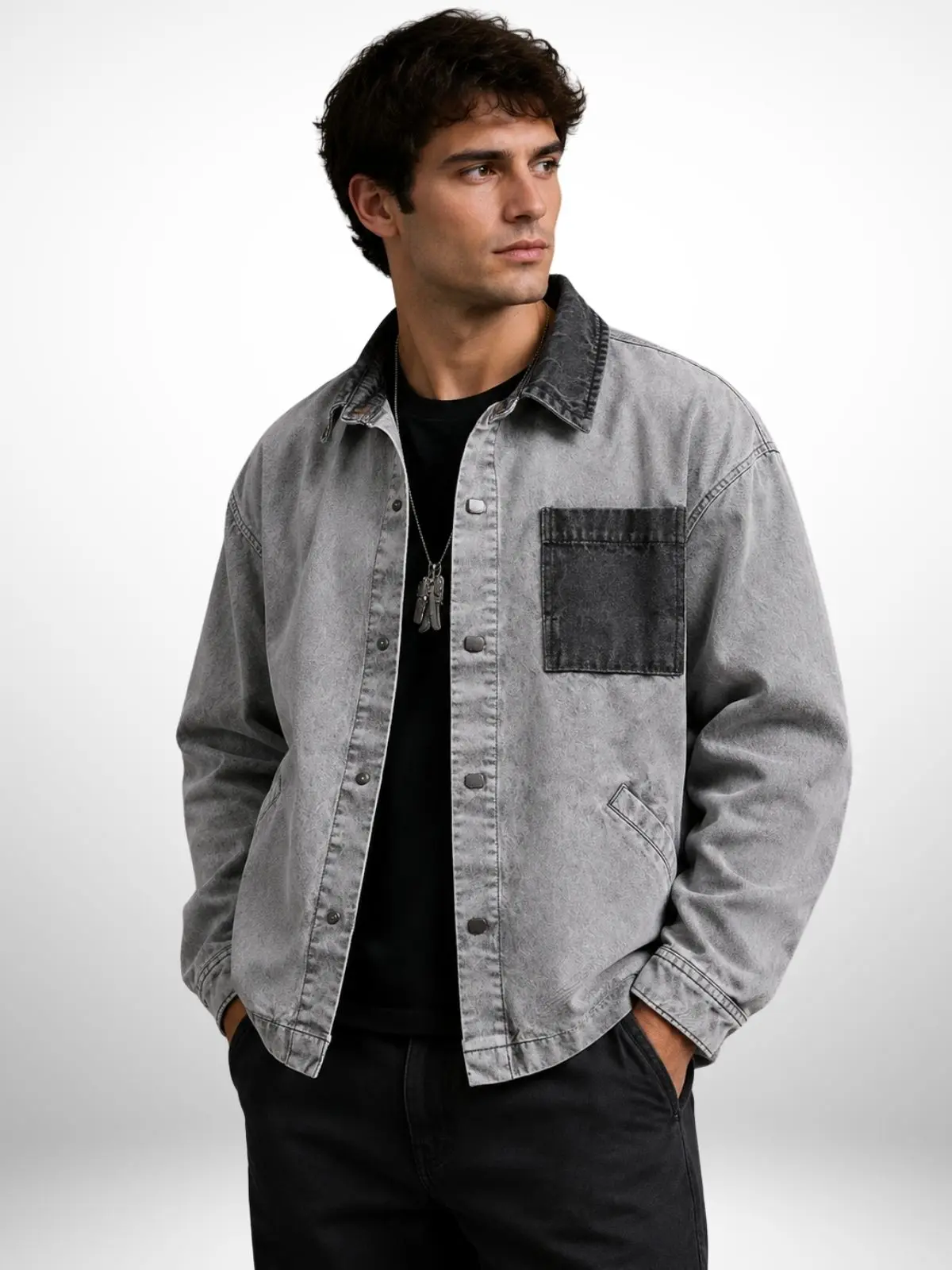 Men's vintage washed denim jacket with contrast patch pockets and a turn-down collar, casual loose-fit workwear shirt-style jacket