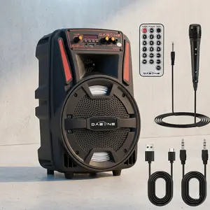 8" Portable Wireless Party Speaker with Wired Microphone, Rechargeable Bluetooth Speaker,FM Radio & LED Lights, Outdoor Tailgate Loudspeaker
