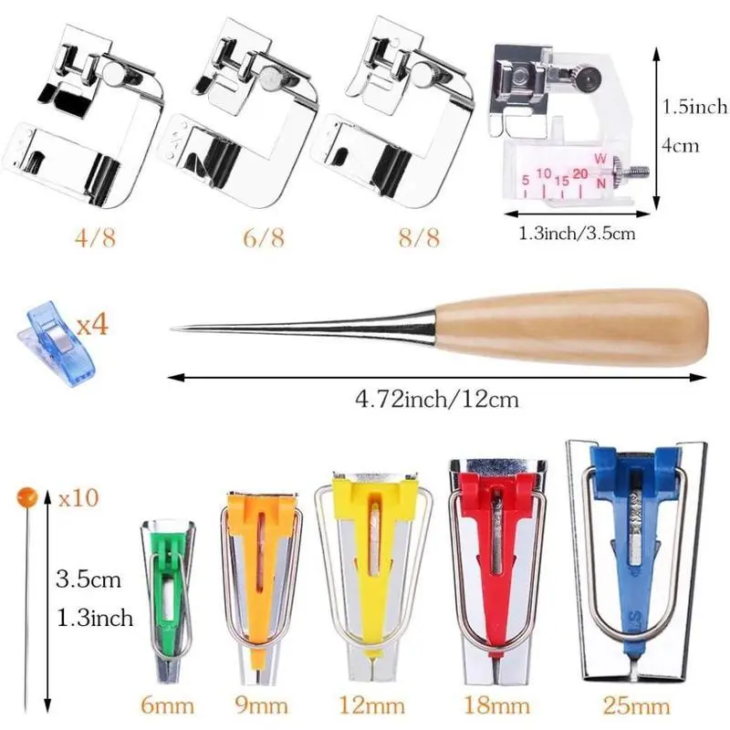 Bias Tape Tool Kit with Instruction. 5 Sizes Bias Tape Maker (6mm, 9mm, 12mm, 18mm, 25mm). 4 Pcs Sewing Machine Presser Foot, Sewing Clips, Ball Point Pins, Awl for Fabric Sewing and Quilting Bias Tape Tool Kit with Instruction. 5 Sizes Bias Tape Maker (6mm, 9mm, 12mm, 18mm, 25mm). 4 Pcs Sewing Machine Presser Foot, Sewing Clips, Ball Point Pins, Awl for Fabric Sewing and Quilting