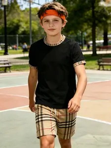 Boys' Vintage Plaid Short Sleeve Set, High-End Daily Wear, Casual Loose-Fitting Tee, All over Print, No Button, No Zipper, No Collar