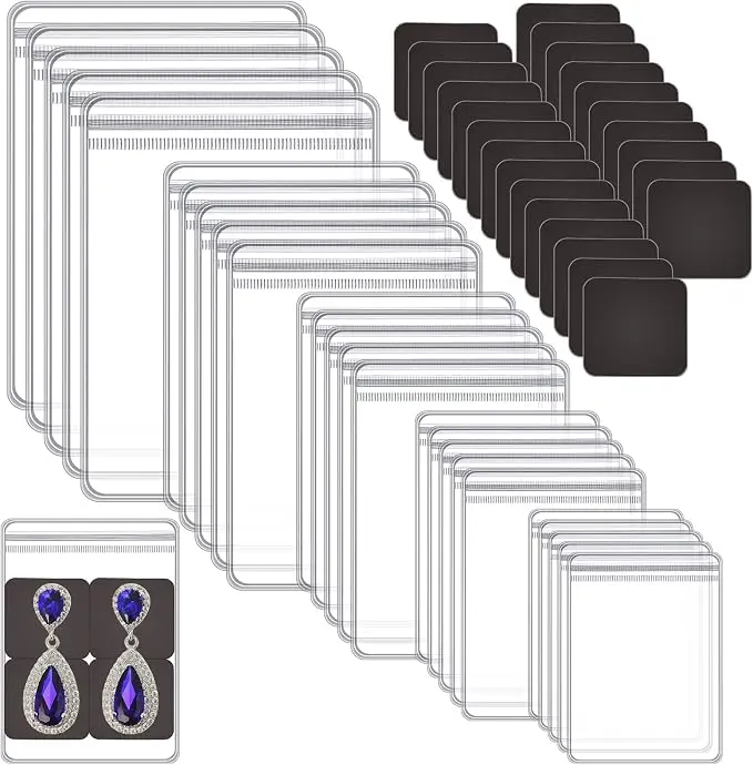 200 Pcs Anti Tarnish Strips with Clear Plastic Jewelry Bags Sets, 100 Assorted Size Transparent Jewelry Storage Bags and 100 Anti Tarnish Strips for Packaging Rings Earrings
