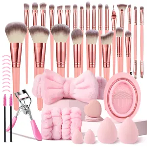 39Pcs Pink Makeup Brush Set Includes 25Pcs Pink Makeup Brushes, Mini and Standard Makeup Sponges, Cleaning Brush, Heart Shaped  Finger Puffs, Wristbands, Headband, Eye Makeup Tools, Foundation, Concealer & Eye Shadow Brushes for Easy Maintenance
