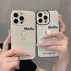 Hello Letter Pattern Phone Case with Invisible Finger Ring Bracket, Fashion Phone Protective Case, Phone Accessories Compatible with iPhone 16 15 14 13 12 11 Pro Max, Cover