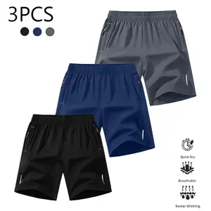 Men's 3-Pack Sports Quick-Dry Athletic Shorts, Solid Color Breathable Quick-Dry Style with Zipper