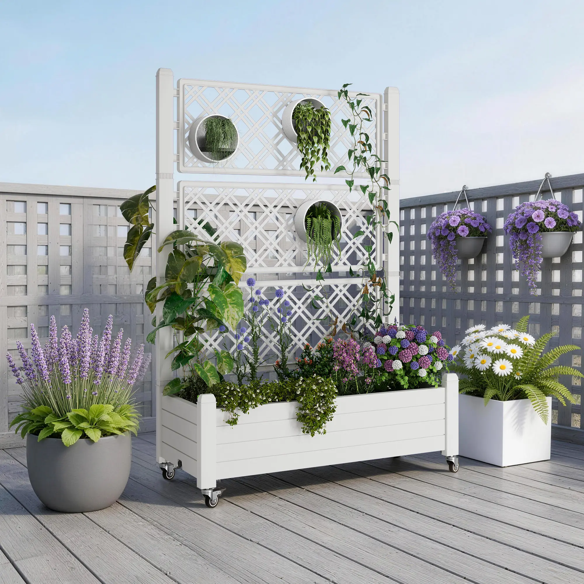 RIWENGO Elevated Planting Box - 61.2"H Freestanding Vertical Planter Tower with 4 Universal Casters, Drainage Holes, Raised Bed for Climbing Vine Plants, Outdoor Planters for Balcony, Patio Use
