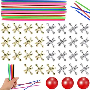 X-ITC45  Jacks Game and Pick Up Sticks, 180 Pcs Sticks and 30 Pcs Metal Jax with 3 Pcs Red Rubber Balls, Classic Pick Up Sticks Game for Kids Adults Family