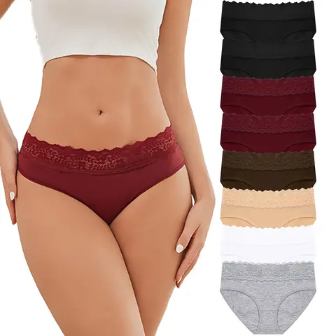 FINETOO 8-Pack Cotton Bikini Underwear for Women, Soft Cheeky Fit with Stretch Lace Waist, Breathable Skin-Friendly Everyday Panties S-2XL