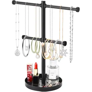 Necklace Holder Organizer Stand,2-Tier Sturdy Metal Jewelry Stand with Round Tray for Bracelet Bangles Holder Display,12.9" Tall for Long Necklace