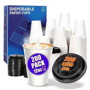 200-Pack 12oz Leak-Proof Disposable Coffee Cups withLids Thermal Paper Cups for Hot Chocolate, Coffee, Tea,Travel & Bar Use Hand Wash Only, Coffee Travel Cups,Bar Accessories, Transparent Design, Thermal Insulation