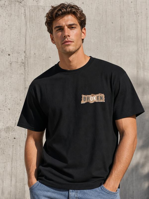 Men's Short-Sleeve Crew Neck Graphic Tee - Fitted Cut, Minimalist Small Chest Print, Rustic Metal Logo, Stylish Casual Streetwear Top, Machine Washable, Cold Wash-Friendly, Summer-Ready Alternative Normal Type Menswear