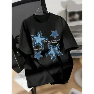 Men's XINGX Star Pattern Fashion Tee - 100% Cotton, Casual Crew Neck Short Sleeve T-Shirt with Blue Denim Print, Ideal for All Seasons, Allseason Apparel | Creative Print Shirt | Cotton TshirtFashion Unisex T-shirts S-6XL