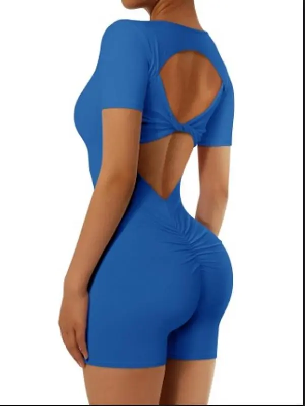 MYMORE Womens Workout Yoga Gym One Piece Jumpsuit Rompers Short Sleeve Unitard Spandex Backless Scrunch Butt Rompers Jumpsuit Shorts Onesie Bodysuit Royal Blue 2XL