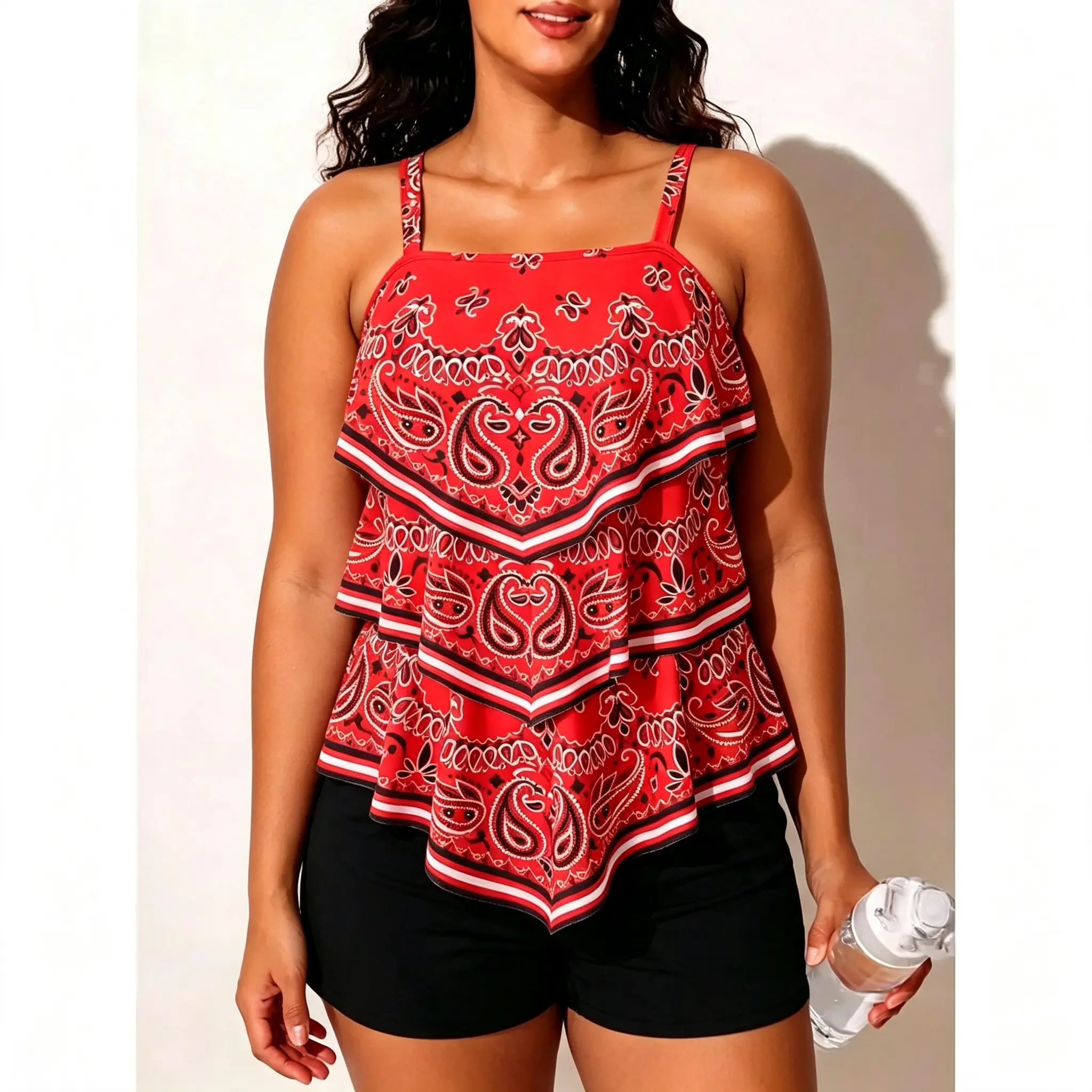 Women's 2-Piece Tankini Swimsuits - Red Paisley Ruffled Tiered Top, Slimming High-Coverage Black Swim Shorts for Sports, Outdoor Activities, Two Piece Set, Uv Protection