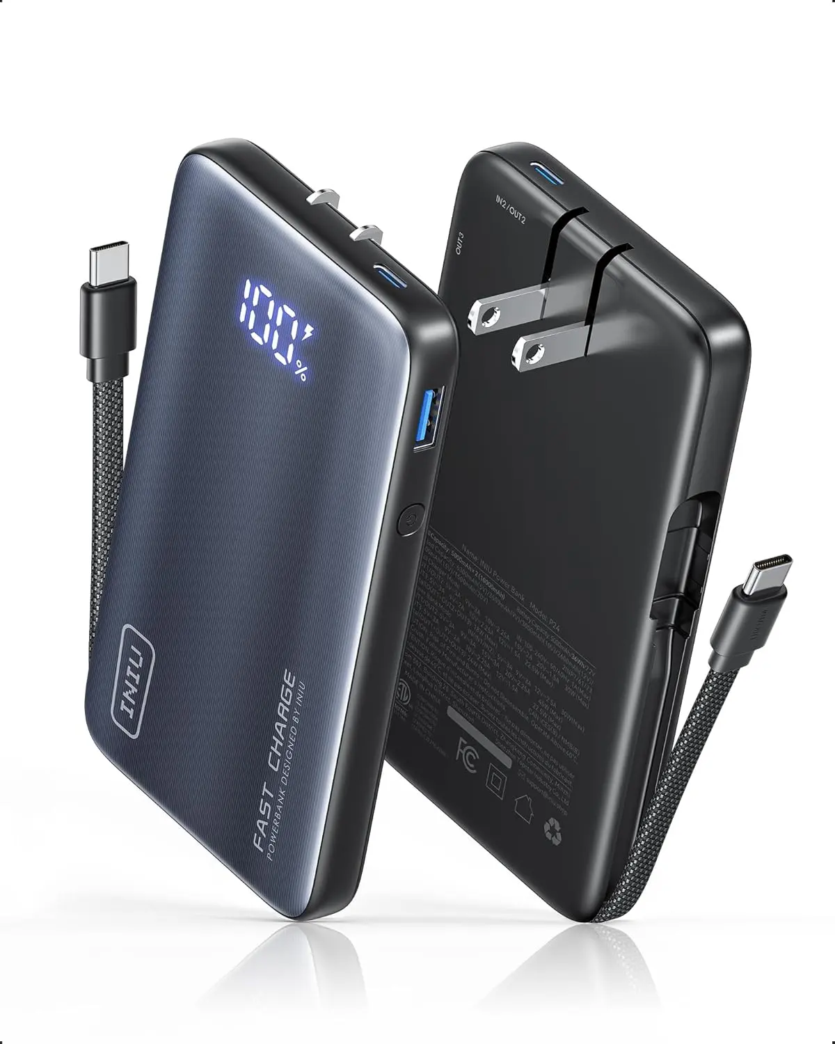 INIU P24 3-in-1 Fast Charging Powerbank - 45W 10000mAh Chargeable Durable Mobile Accessories, Built-in USB-C Cable, Foldable Wall Plug, Portable Charger for iPhone 17/16/15 Series, Samsung, Huawei, Xiaomi, MacBook, iPad, Switch, EDC Travel Essential Gift
