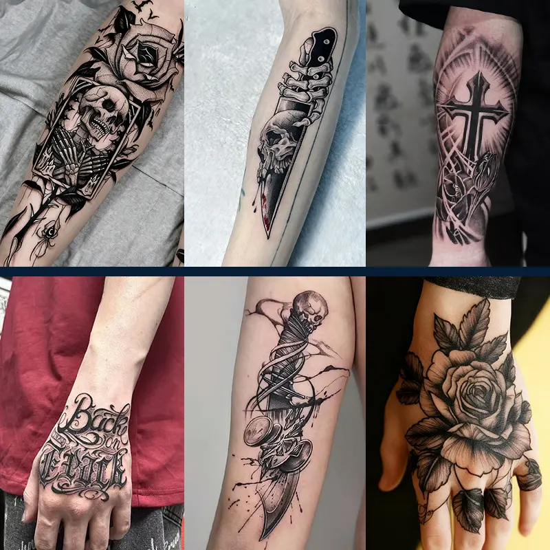 6 Large Graphic Tattoo Stickers, Including 2 With Knife Elements, 2 With Handback Elements, 1 With Bodhi Element, And 1 With Cross Element. They Last For 7-15 Days, Are Water-resistant And Resistant To Friction, And Have A Realistic Effect. They Are