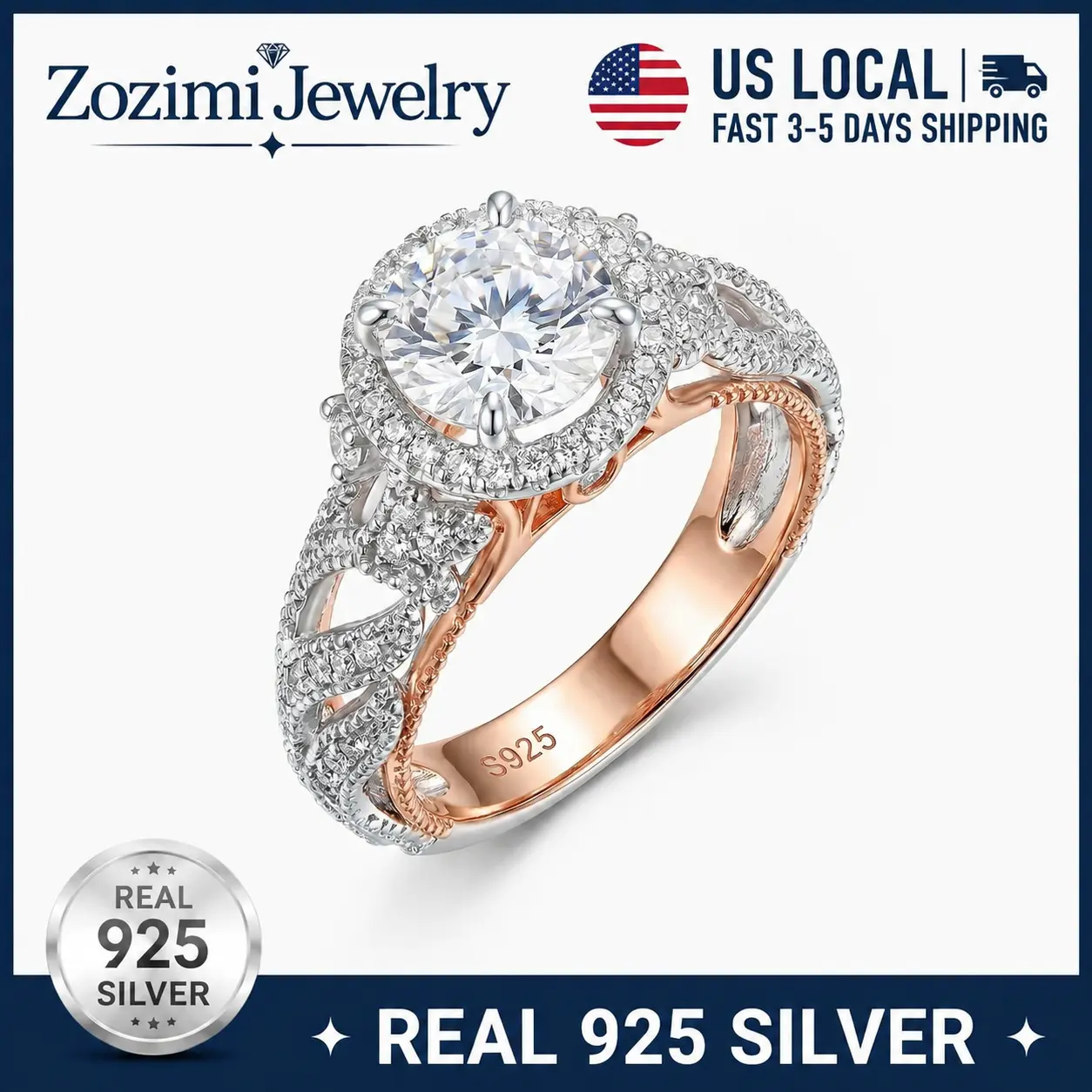 S925 Sterling Silver 3CT Rose Gold Round Cut Openwork Queen Ring Engagement Ring with 5A Cubic Zirconia Engagement Ring for Women, Bridal Ring for Wedding, banquet accessory Party, Travel,Daily Wear jewelry