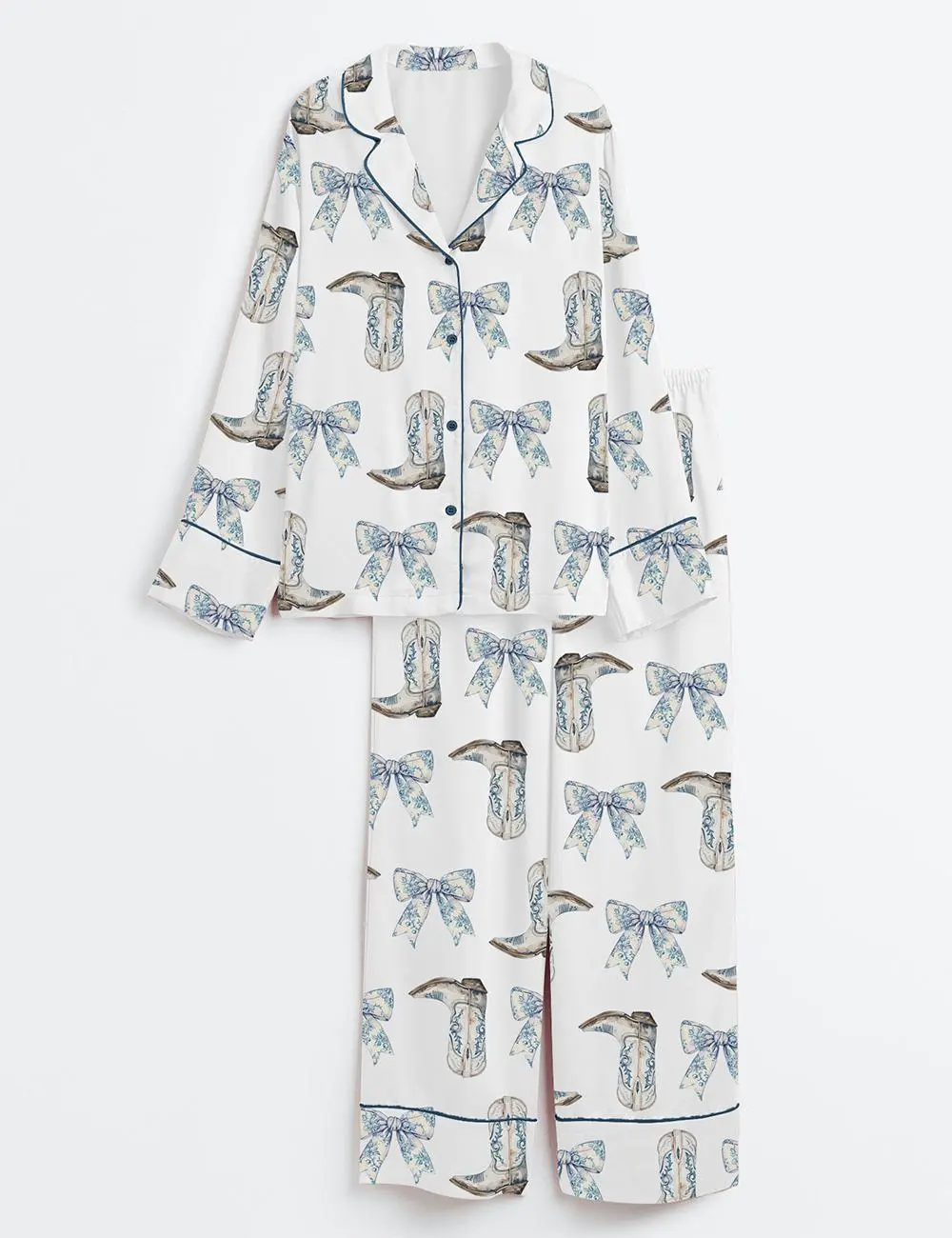 Coquette Cowgirl Pajama Set: Blue Bow & Boots Print Satin Sleepwear