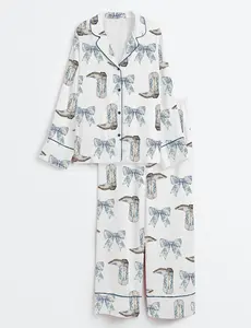 Coquette Cowgirl Pajama Set: Blue Bow & Boots Print Satin Sleepwear