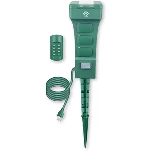Outdoor Remote Control Power Stake with Photocell Timer 2/4/6/8 Hour Countdown, Dusk to Dawn, 6 Grounded Outlets 6FT Cord, UL Listed, Green
