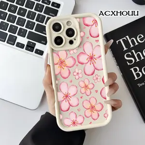 Pink Cherry Blossom & Hearts Pattern Case for iPhone 17 16 E Pro Max 15 Plus 14 13 12 11 XS XR Soft TPU Bumper Drop Protection Durable Back Cover