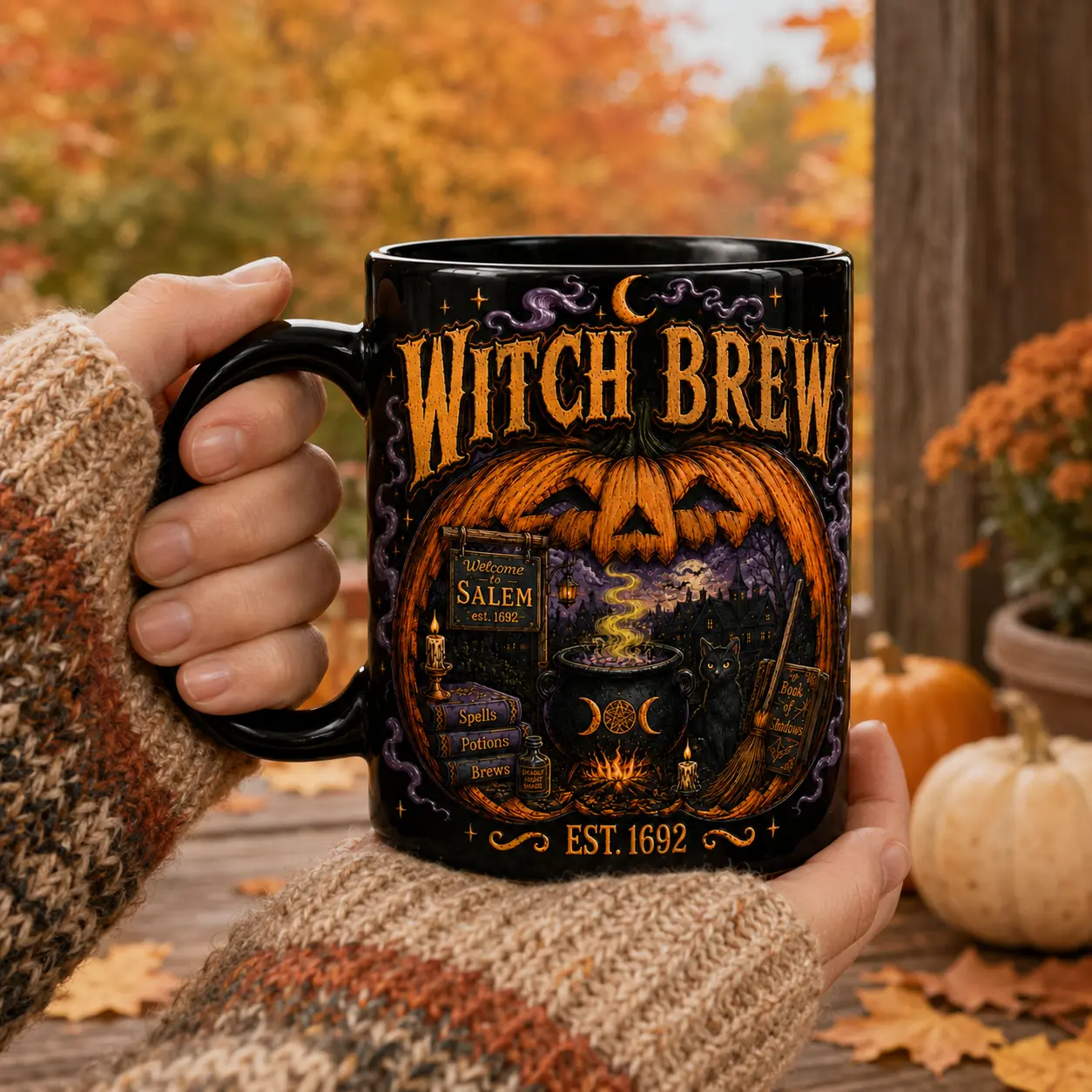 Witch Brew Salem Halloween Mug, Spooky Pumpkin Black Cat Coffee Cup, Witch Cauldron Gothic Mug, Fall Halloween Gift for Witch Lovers