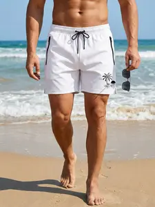 Men's Palm Tree Sunset Print Beach Shorts with Triangle Mesh Lining, Summer Vacation Casual Quick-Dry Breathable Board Shorts with Zippered Side Pockets, Drawstring Elastic Waist Swimming Shorts Swim Trunks Bathing Suit Swimwear Swimsuit
