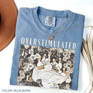 Comfort Colors Overstimulated Mama Duck T-Shirt, 100% Cotton Farm Animal Graphic Tee, Vintage Casual Letter Short Sleeve Women's Graphic Print Top