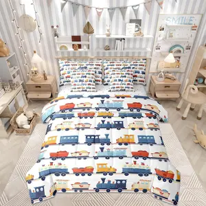 Cartoon Train Comforter Set,Transport Vehicles Bedding Set,(Comforter+Fitted+Flat Sheet+2 Pillowcases+2 Throw Pillow Covers) 7 Pieces