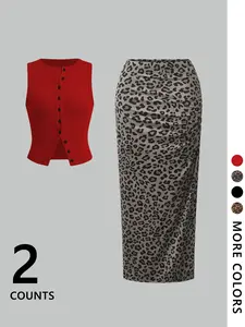 Women's Leopard Print Two-Piece Set, Fitted High-Waisted Skirt with Side Slit, Street Style, Casual Fashion for Spring & Summer