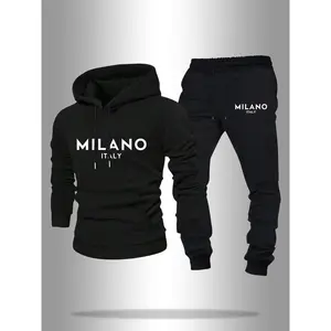 Men’s two-piece set featuring a letter-print drop-shoulder hoodie and drawstring-waist sweatpants—casual, fashionable, comfortable, and breathable, ideal for everyday outdoor wear.