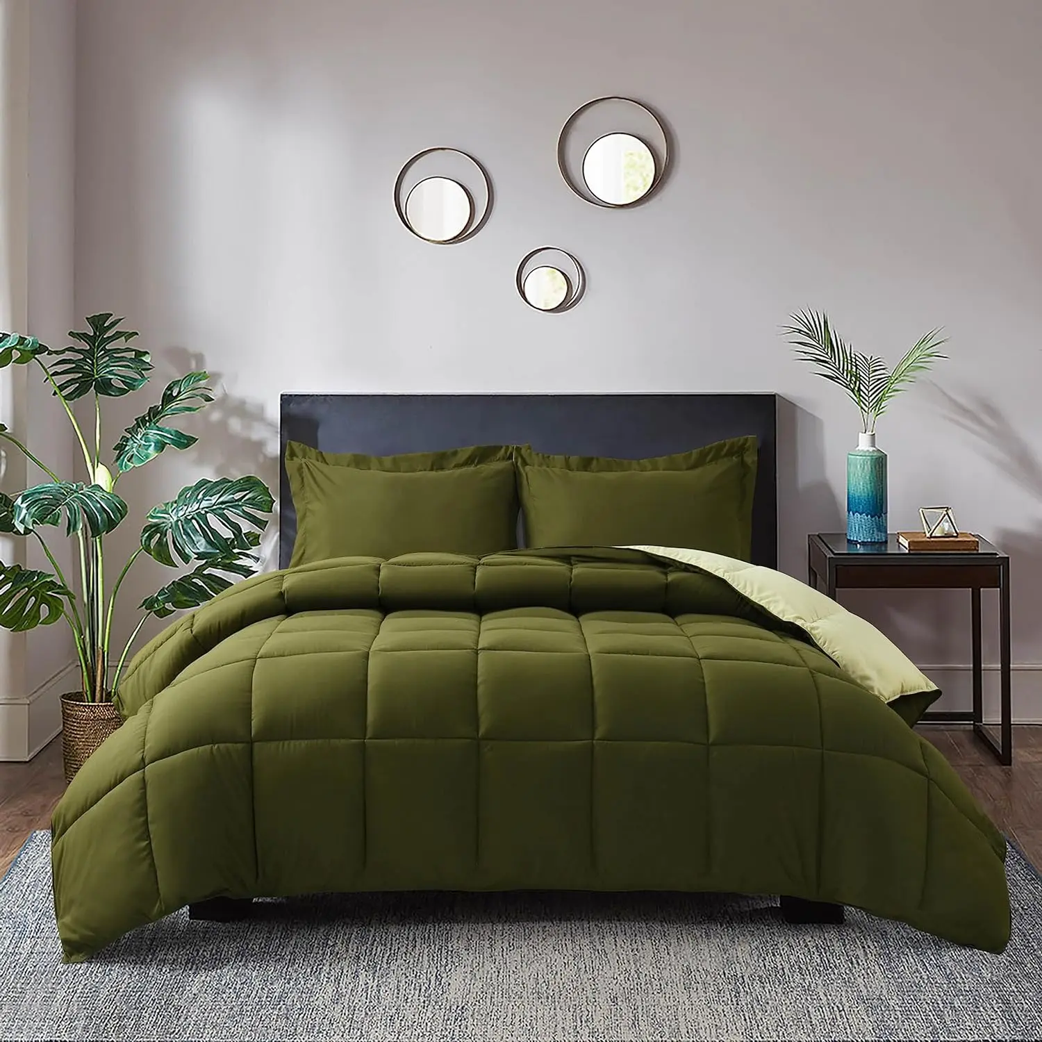 3pc Olive Green Neutral Tones Quilt Bedding Set - Twin/Twin XL Down Alternative Fluffy Soft Comforter with Sham - Durable Quilted Duvet Insert with Corner Tabs - Box Stitched