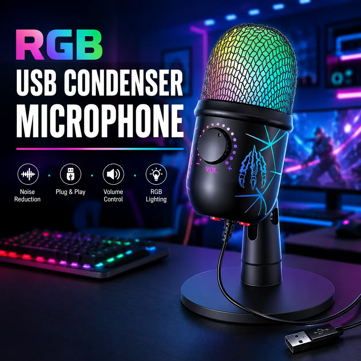 Wired RGB USB Gaming Microphone - Cardioid PC Accessories, Streaming Equipment with Noise Cancelling, 1-Click Mute, Gain Control, Headphone Jack for PC & Laptop Gaming, Podcasting