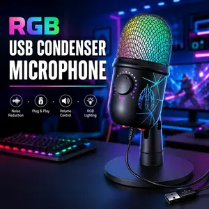 Dynamic RGB Gaming Microphone USB – Cardioid Noise Cancelling Mic with One-Click Mute, Gain Knob, Headphone Jack, Professional Desktop Mic for Streaming Podcasting PC Gaming