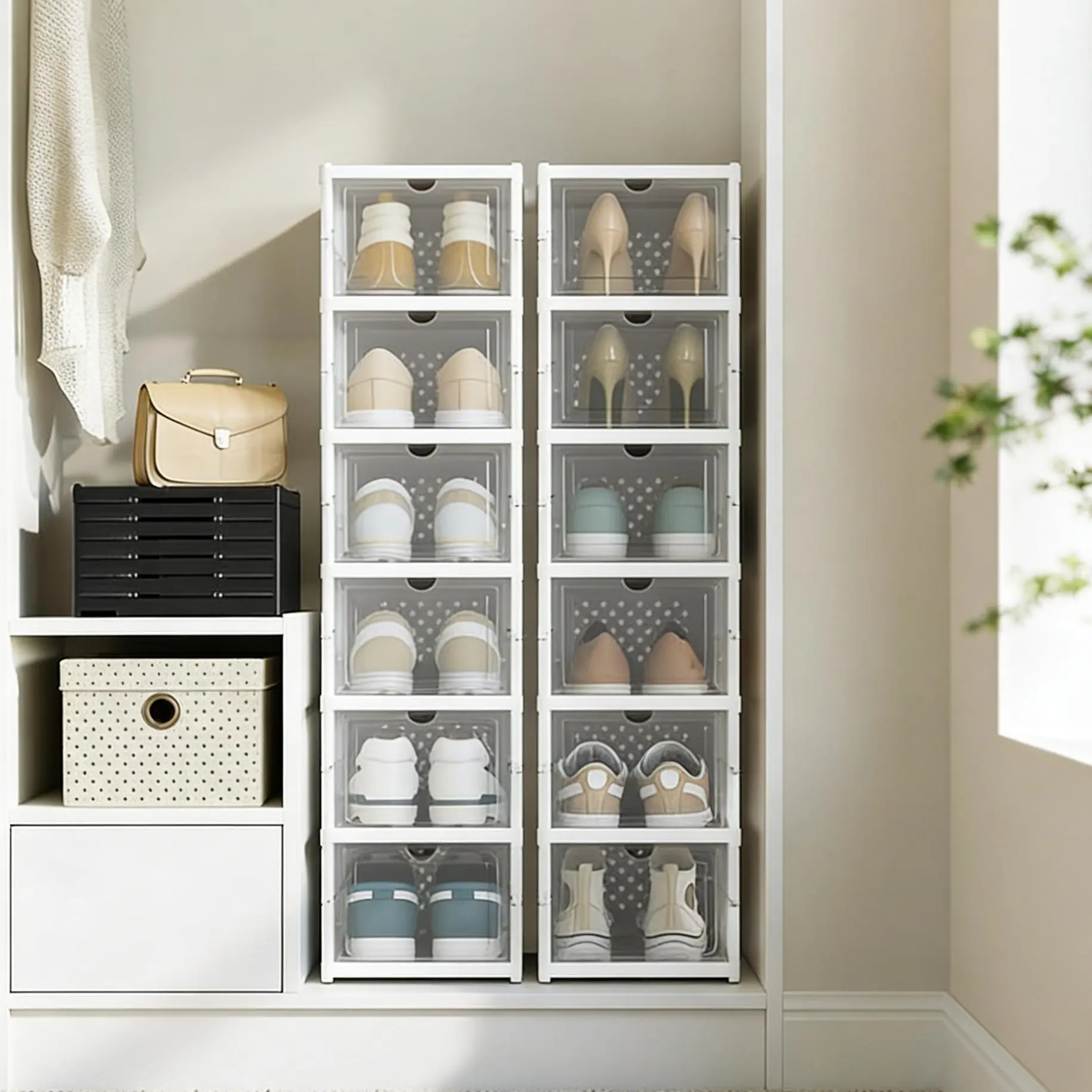 Foldable Shoe Organizer 9 Tier Stackable Design 2mm Thick Panel Load Bearing 23kg Breathable Ventilation Hole Transparent Door Easy To Clean Shoe Rack