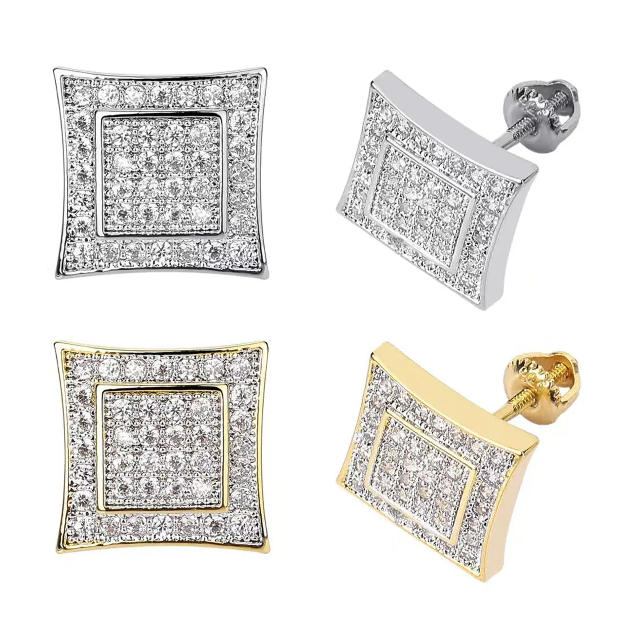 UURiel Square Screw Back Stud Earrings - 5A+ Cubic Zirconia Iced Out Hypoallergenic Large Cube Ear Studs, High Quality Earring Jewelry for Men, High Quality Earrings