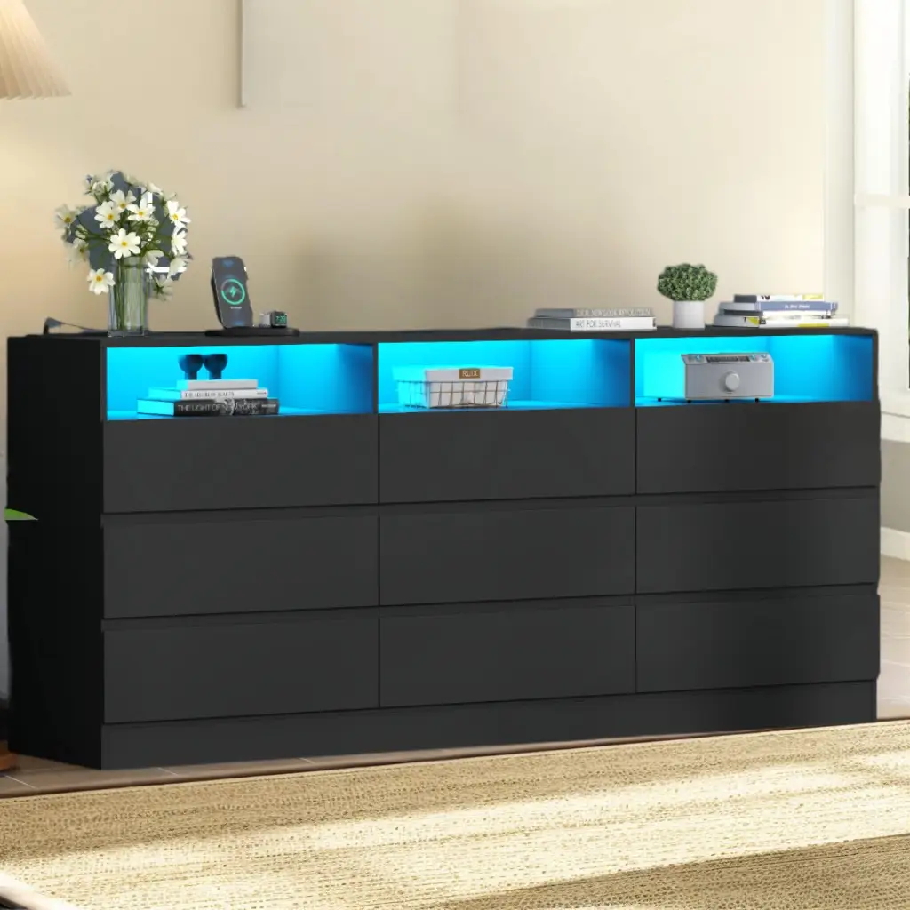 9 Drawer Dresser with Power Outlet and LED Light, Modern Storage Dresser for Bedroom, Living Room dresser nursery dresser