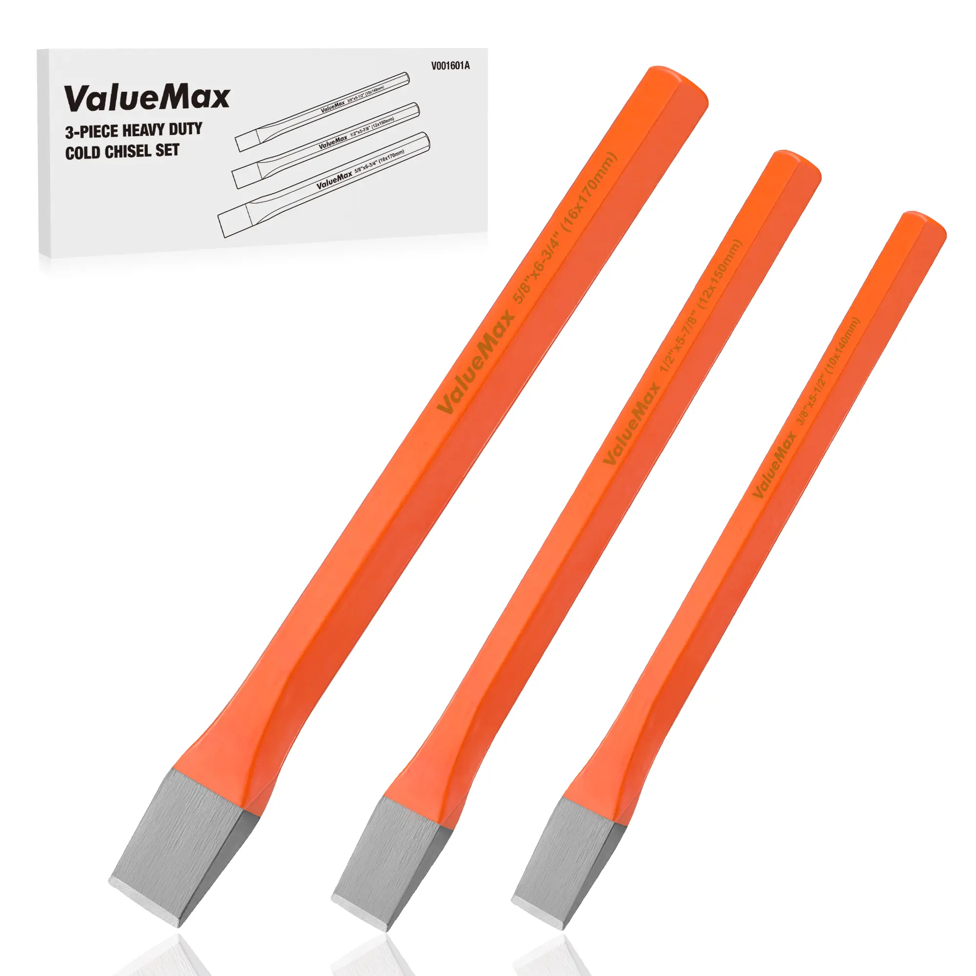 #toolupgrade ValueMax 3-Pack Heavy Duty Cold Chisel Set, 3/8-Inch, 1/2-Inch & 5/8-Inch Metal Chisel Set, Premium Cr-V Steel, for Carpentry, Metalwork, Woodwork & Masonry Work