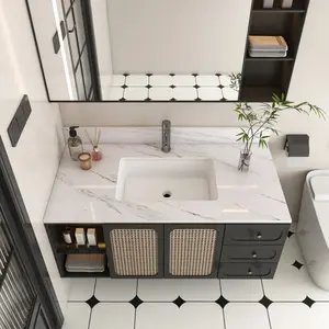 43 Inch Marble Vanity Top, White Vanity Top with 1 Pre-drilled Faucet Holes, Bathroom Vanity Top with Undermount Rectangular Middle Sink and 4" Height Backsplash,  Bianco Carrara Venato    RR